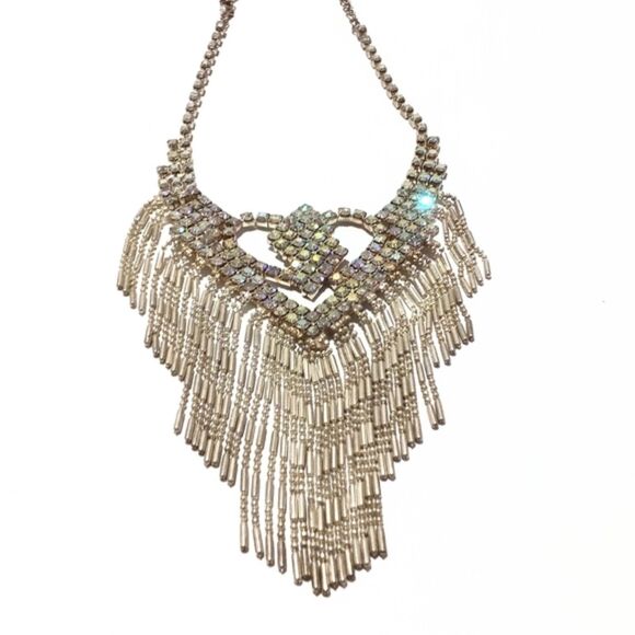 Vintage Aurora Borealis Rhinestone Chain Fringe Statement Necklace - Picture 7 of 8